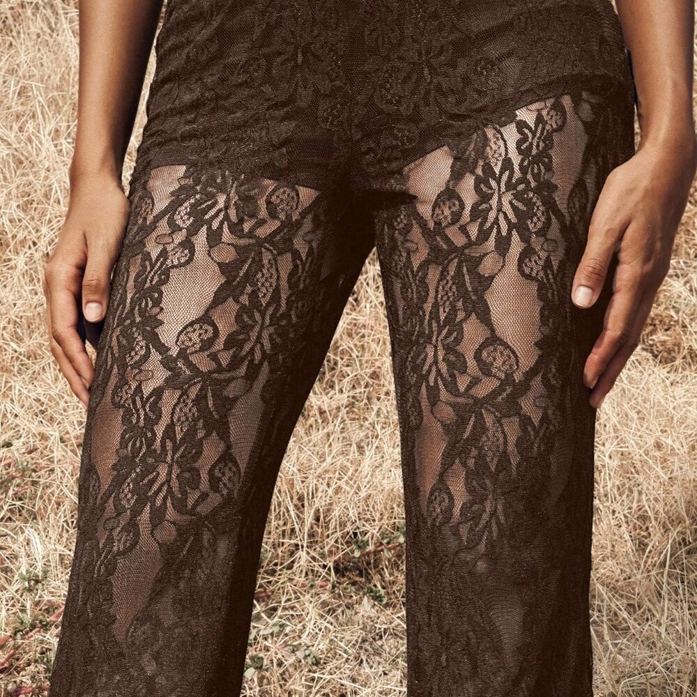 Coffee Brown Sexy Women's High Waist Flare Lace Pants - Picture 4 of 6